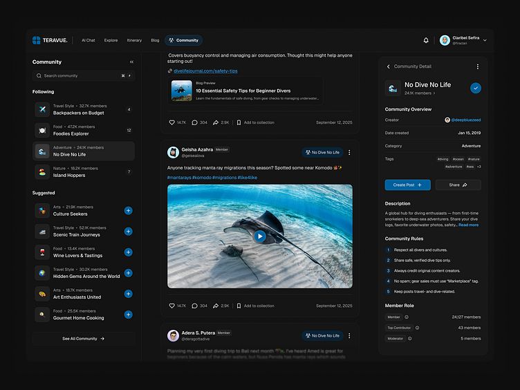 A travel community intranet dashboard showing safety tips and trip planning forums.